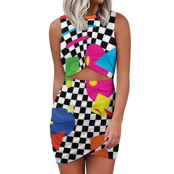 checkerboard bodycon dress Black & White Checkerboard Ribbed Midi Dress